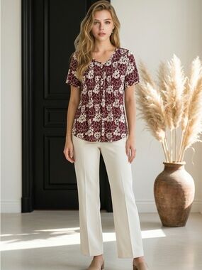 Short Sleeve Floral Pleat Front Blouse - Burgundy/White